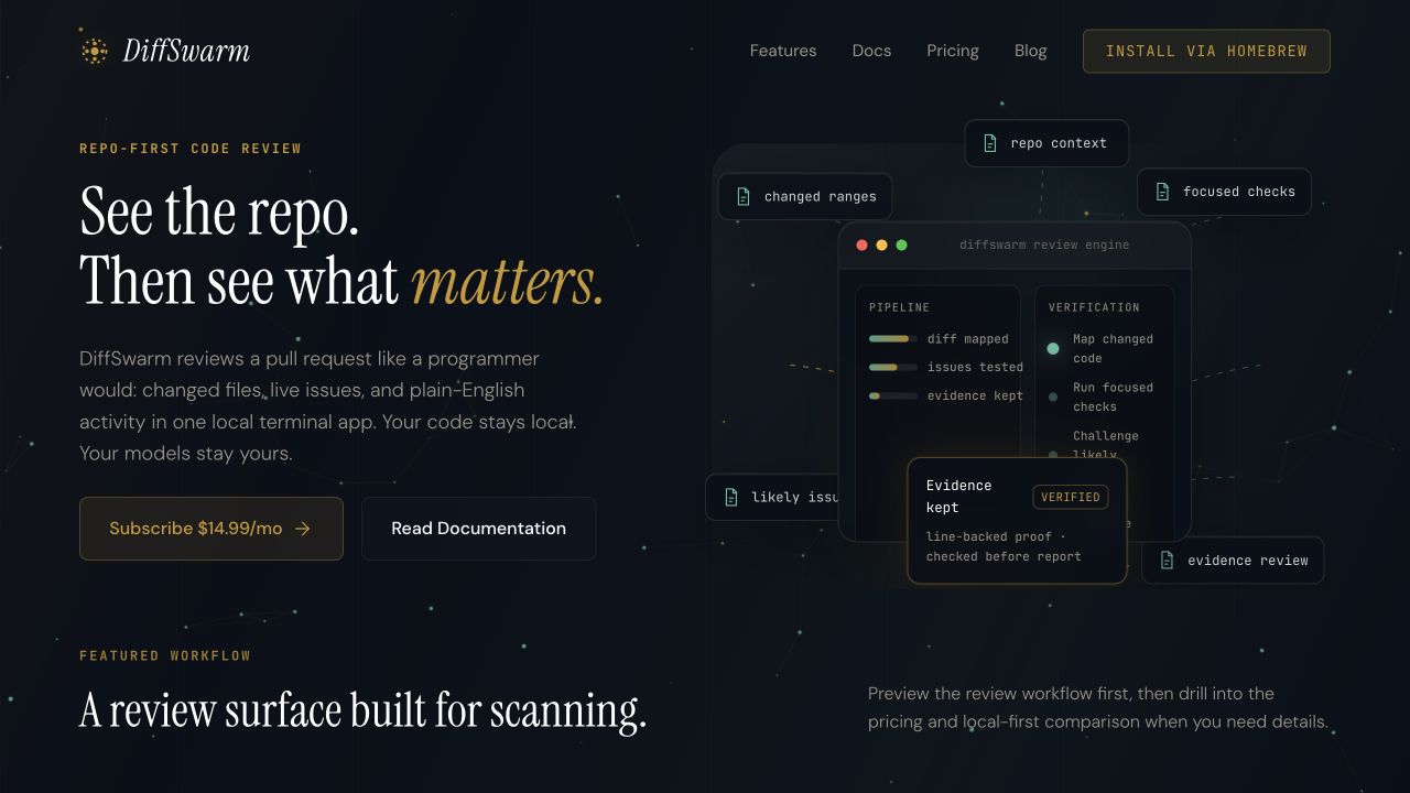 The live DiffSwarm website showing its repo-first pull request review workflow